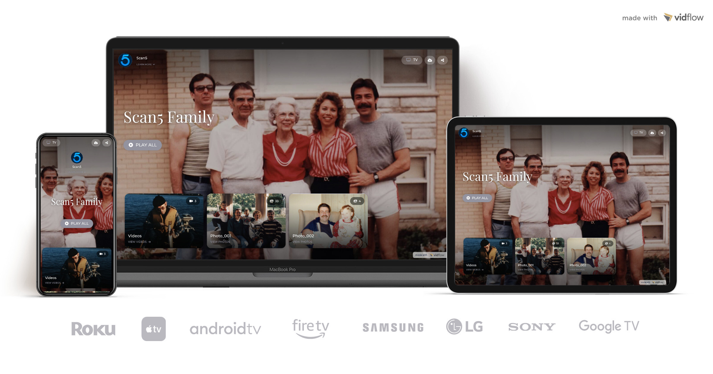 Scan5 online gallery shown on phone, laptop, and tablet, with compatible TV platforms